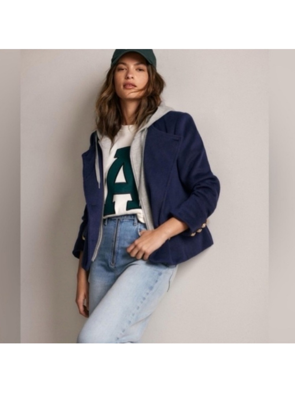 Anthropologie Maeve Navy Blazer with Gray Hoodie Layer